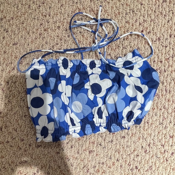 Zara Other Zara Blue Floral Printed Crop Top And Straight Leg Denim